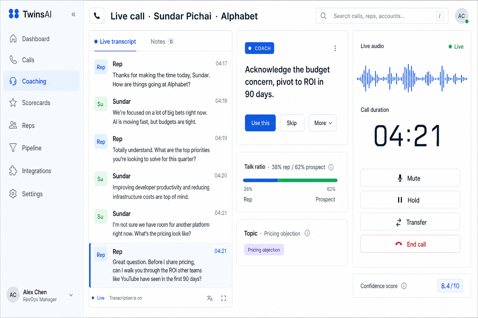 TwinsAI Real-time AI Coaching dashboard