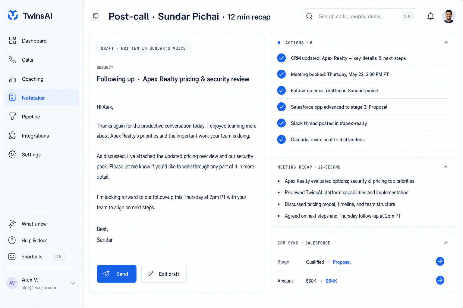 TwinsAI Botless Note Taker post-call workspace