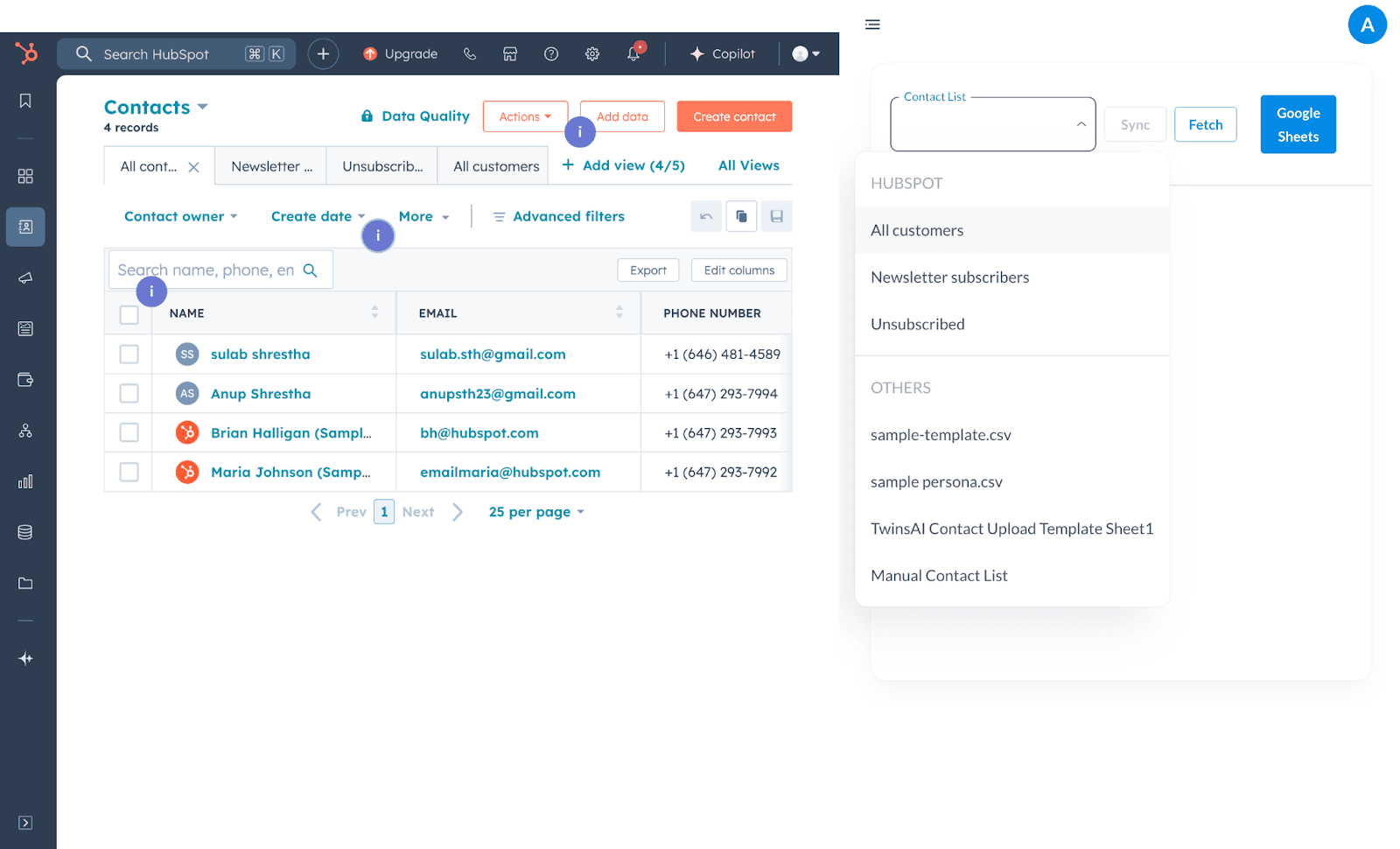 Select the HubSpot All Customers list