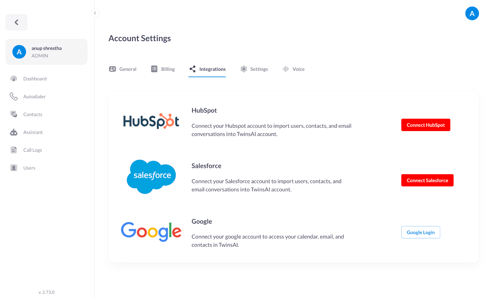 The Integrations tab in TwinsAI settings
