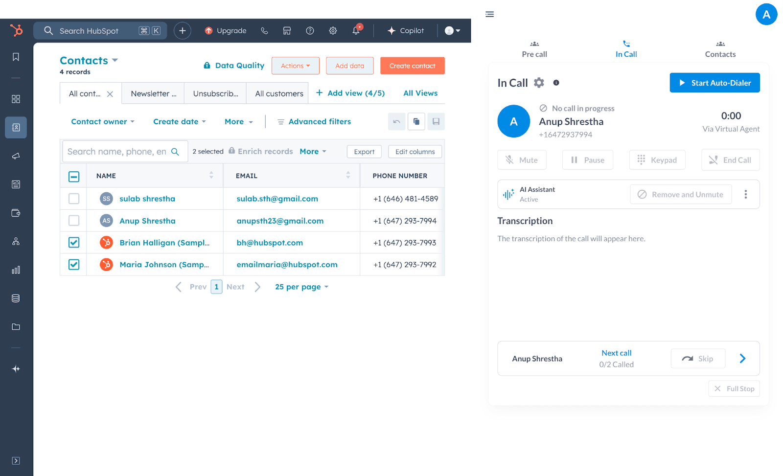 Pre Call, In Call and Contacts tabs